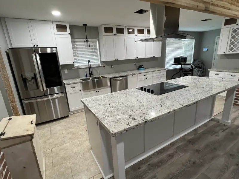 Kitchen island with veined countertop